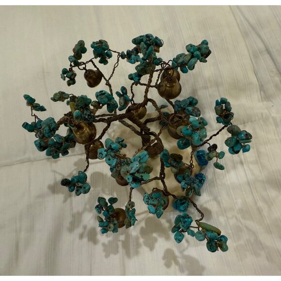 Handcrafted Turquoise Gem Tree Sculpture With Bells On Marble Base - Picture 4 of 8